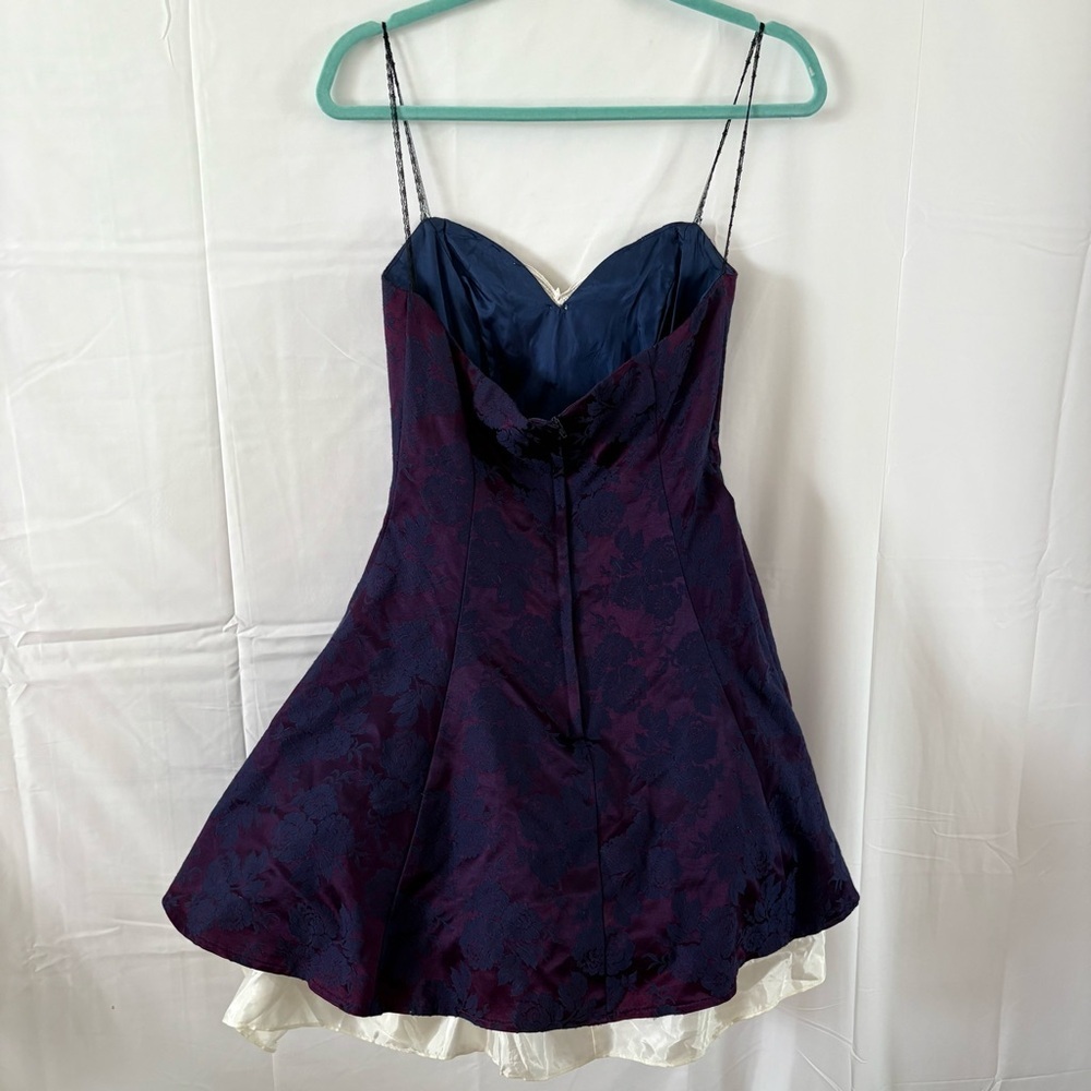 Vintage strapless puff mini dress navy blue jacquard lace formal prom medium - Picture 5 of 6